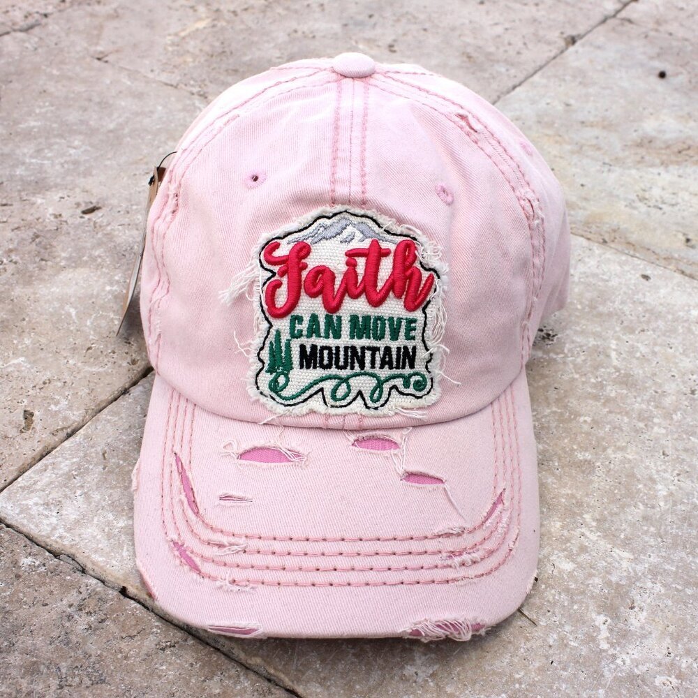 4350 District Distressed Light Pink Faith Can Move Mountain Women Cotton Cap Hat